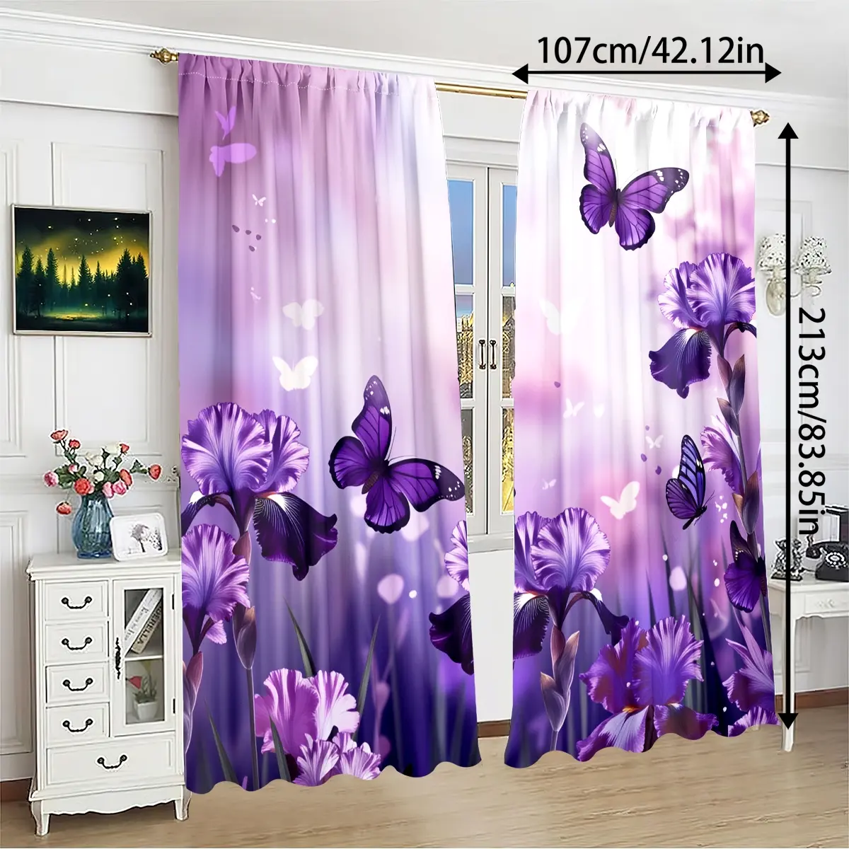 2pcs dreamy purple butterfly printed semi transparent Window Curtains, hanging in polyester material pole bags, suitable for living rooms, bedrooms, and home decoration - hand washable, hook free