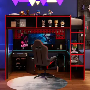 [Bellemave] Wooden Gaming Loft Bed with Integrated Desk & Storage Shelves, Charging Station & Light, Built-in Pegboard, Easy Assembly