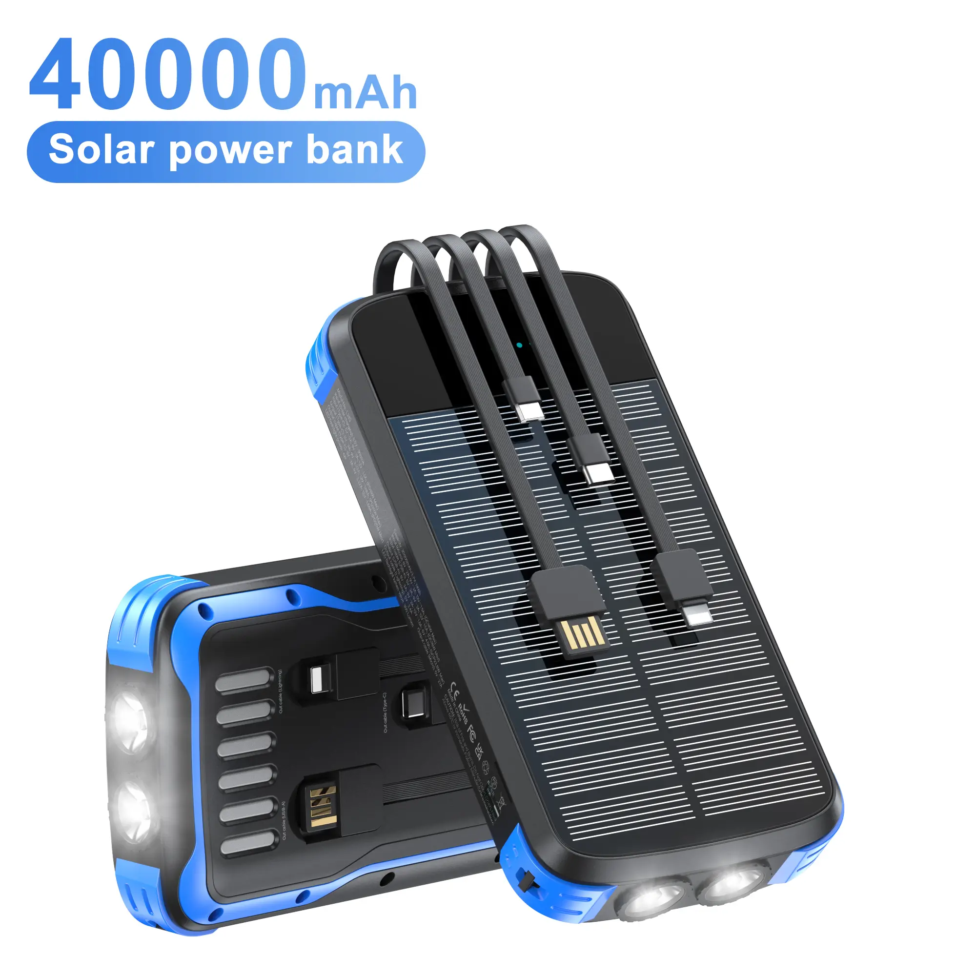 Diamuar 40000mAh Solar Power Bank with 4-in-1 Built-in Cables, Waterproof, 4-Mode LED Flashlight, High-Speed Charging for iPhone, Samsung, Android Phones, Camping Outdoor Travel Emergency summerwins