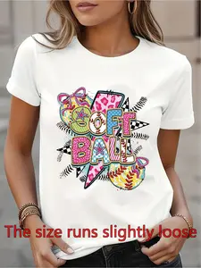 Women's Softball T-Shirt with & Bat Graphic - Stretchy Short Sleeve Round Neck Tee, Vibrant Suitable for Spring Summer Casual Wear, Softball Practice & Games, Machine Washable Apparel for Enthusiasts