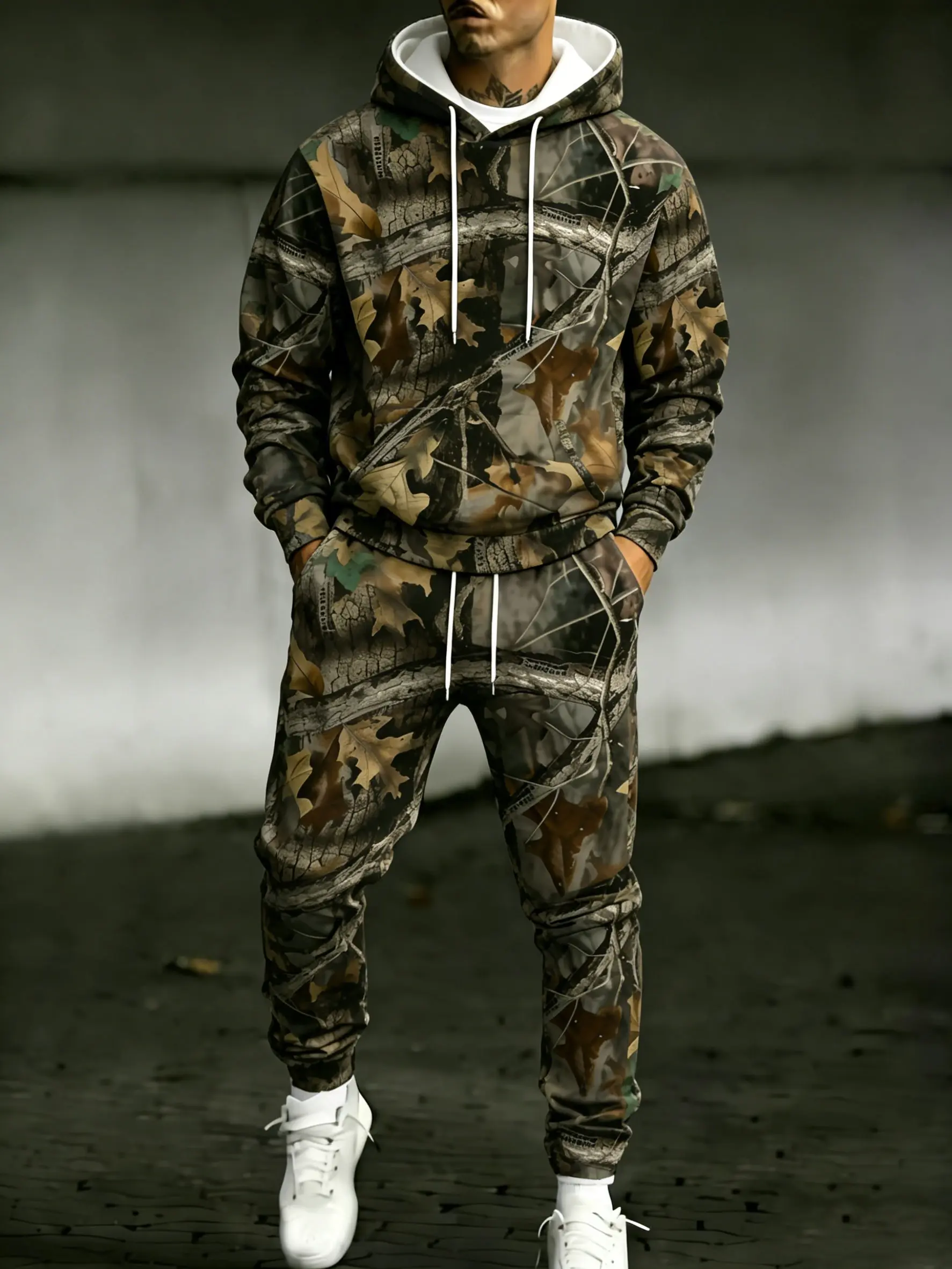 men's 2 piece sets Men's 2-piece Jungle Camouflage Printed Hoodie and Pants Set - Realistic Leaf Pattern Digital Camouflage Clothing, Adjustable Drawstring Design, Couple Outdoor Hunting Casual Wear, Machine Washable for Autumn and Winter Clothing