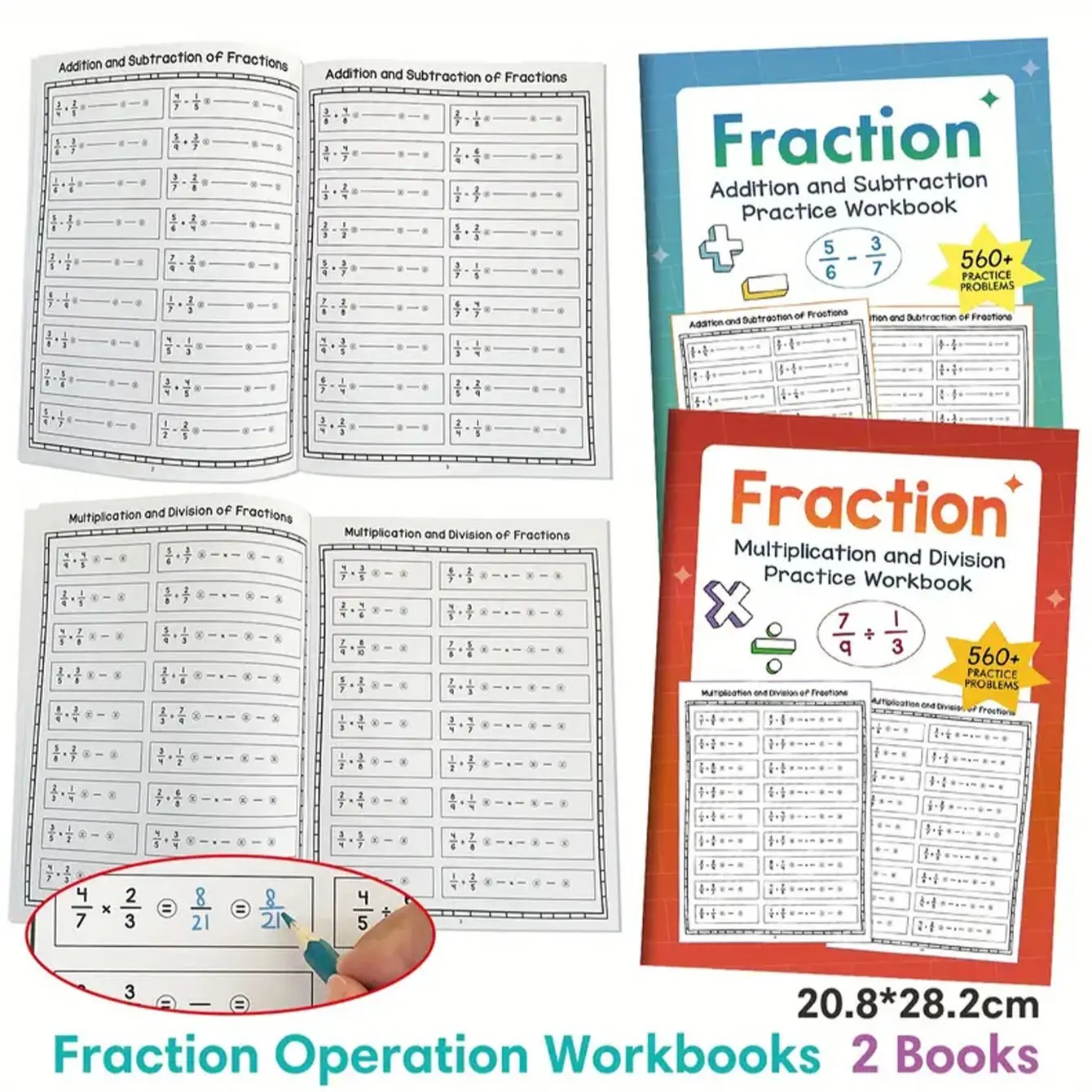 Complete Fraction Math Practice Book Set, Addition Subtraction Multiplication Division, Suitable for Children, Classroom and Home Learning Materials, STEM Learning Tool, Study Materials, Classroom Supplies, School Supplies, Teaching Supplies