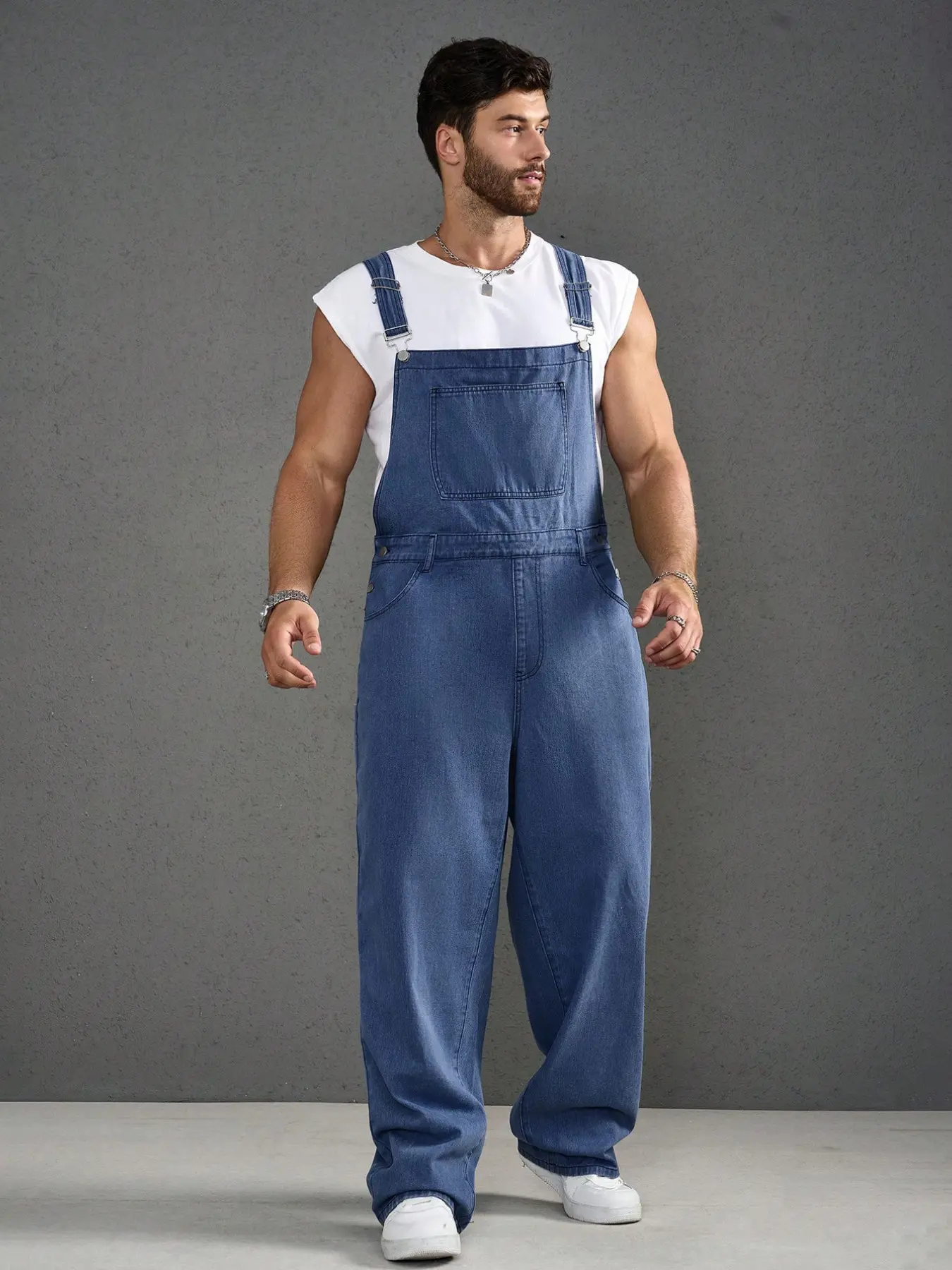 Men's Plus Size Casual Classic Basic Denim Bib Overalls Pants, Comfortable and Stylish, Perfect for Everyday Wear, Ideal for All Seasons