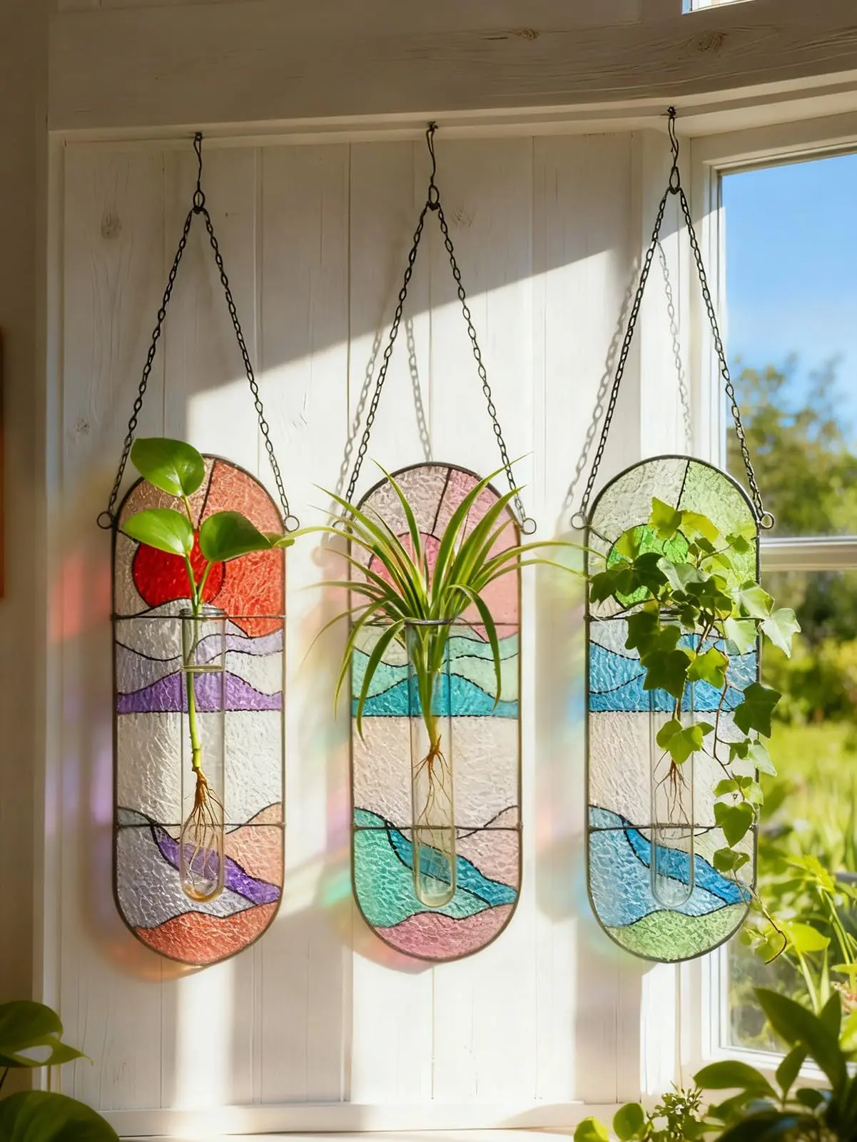 Colored Glass Mosaic Hanging Hydroponic Planters - Premium Feel, Sleek Look Indoor Plant Pots, Decorative Hanging Baskets, Home Garden Wall Decor for Hydroponic Enthusiasts, Indoor Use