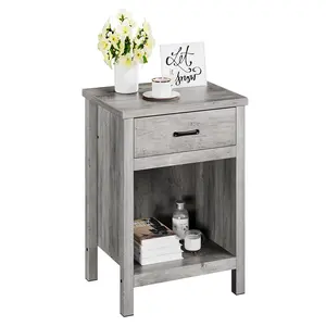 【GARVEE】Farmhouse Nightstand with Drawer and Storage Shelf, Rustic Gray End Table for Bedroom, Living Room, and Small Spaces, Functional Bedside Table