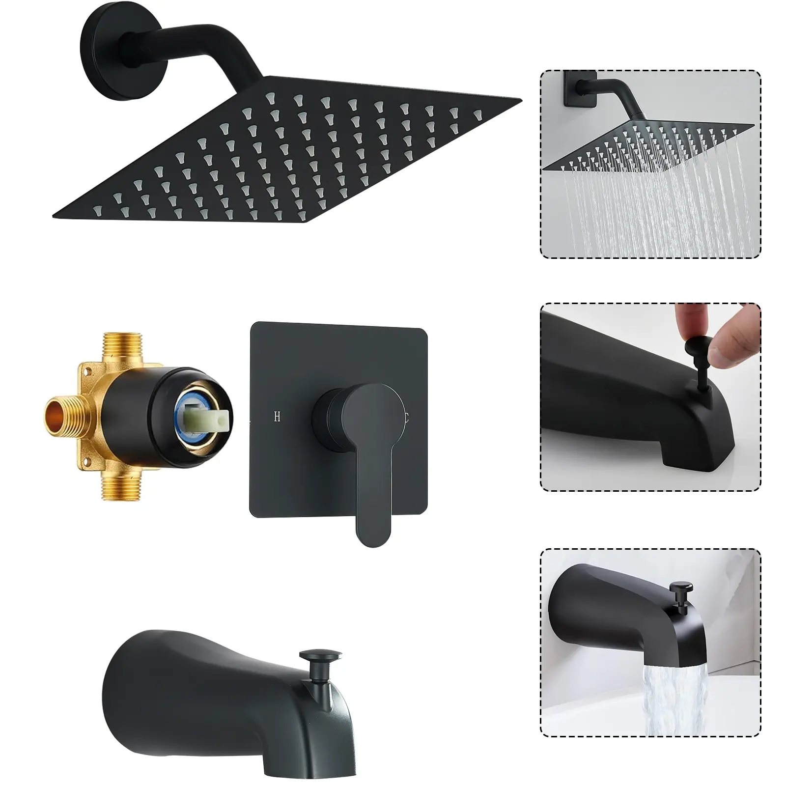 Black Tub Shower Faucet Set Complete with 8-Inch Rainfall Shower Head and Tub Spout Included Shower Valve Tub Shower Trim Kit Matte Black