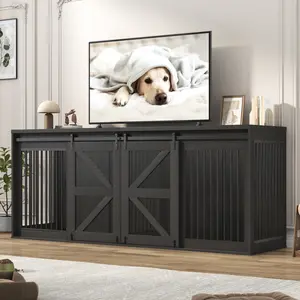 Farmhouse Dog Crate TV Stand – Wooden Dog Kennel with Sliding Metal Mesh Barn Doors, Large Dog Crate Furniture for 2 Dogs with Solid Metal Tube & 2 Lockable Doors