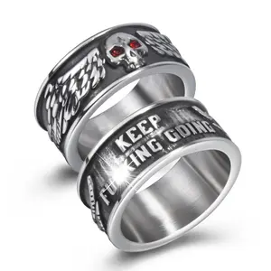 Gothic Skull Rings for Men Women, Red Cubic Zirconia Wings Keep Going Ring Band 316L Stainless Steel Silver Skeleton Cocktail Party Punk Rock Rings Size 8-13