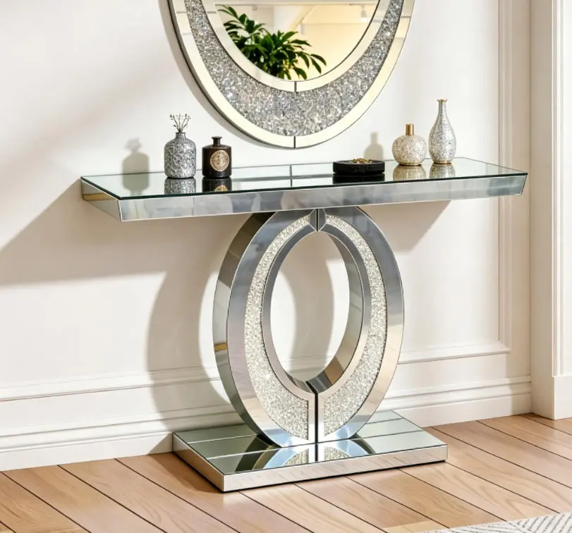 Large Olive-Shape Mirrored Crushed Diamond Console Table - Mirror Glass Table, Elegant Indoor Living Room & Hallway Furniture