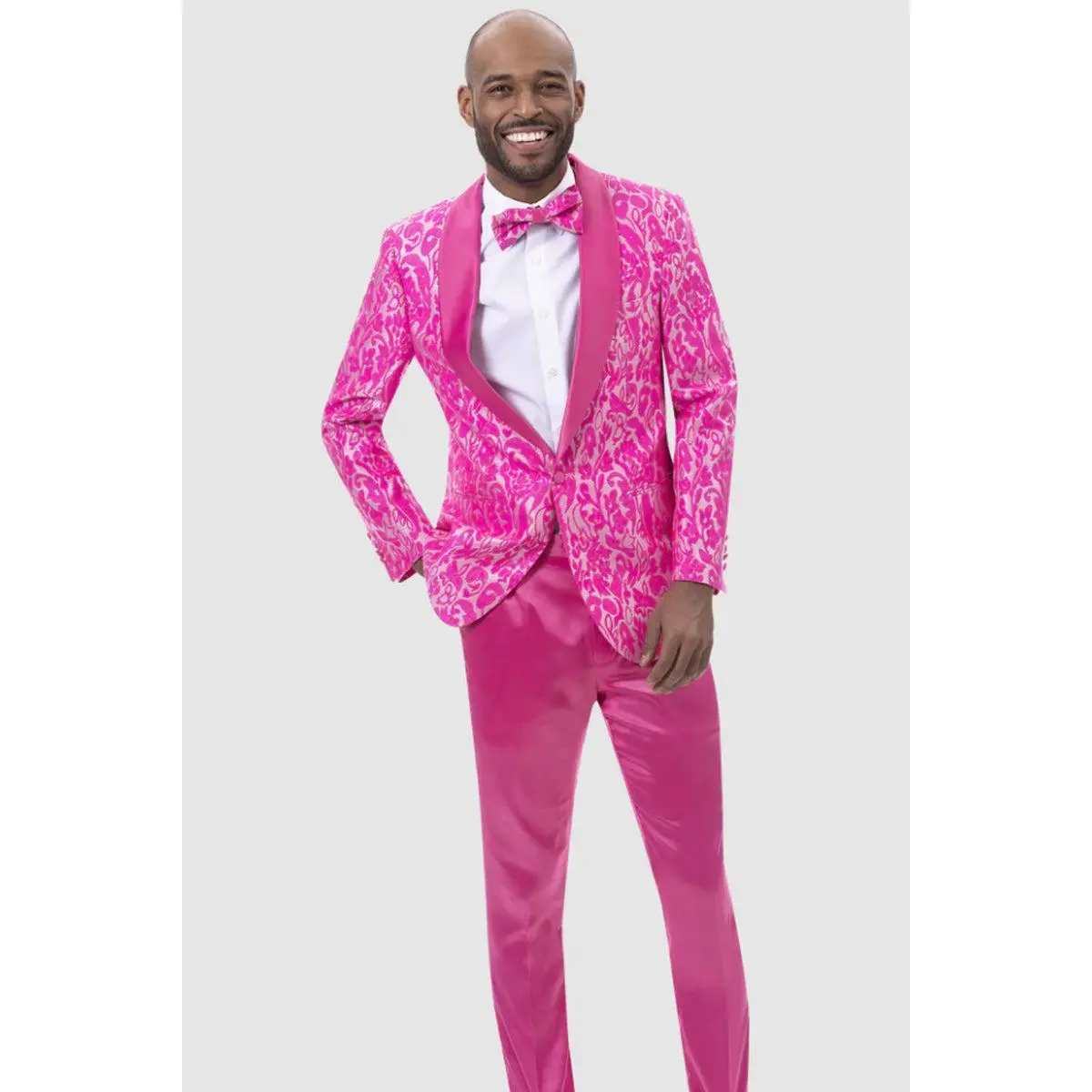 Mens Slim Fit Two Piece Brocade Paisely Prom Tuxedo in Hot Pink Fuschia