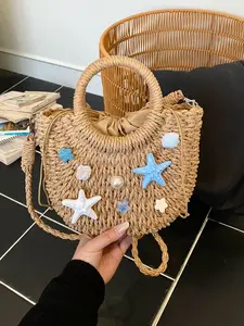 Women's Woven Grass Satchel Bag, Solid Color Pearl Shell Decoration Handbag, Drawstring Closure Summer Beach Travel Accessory
