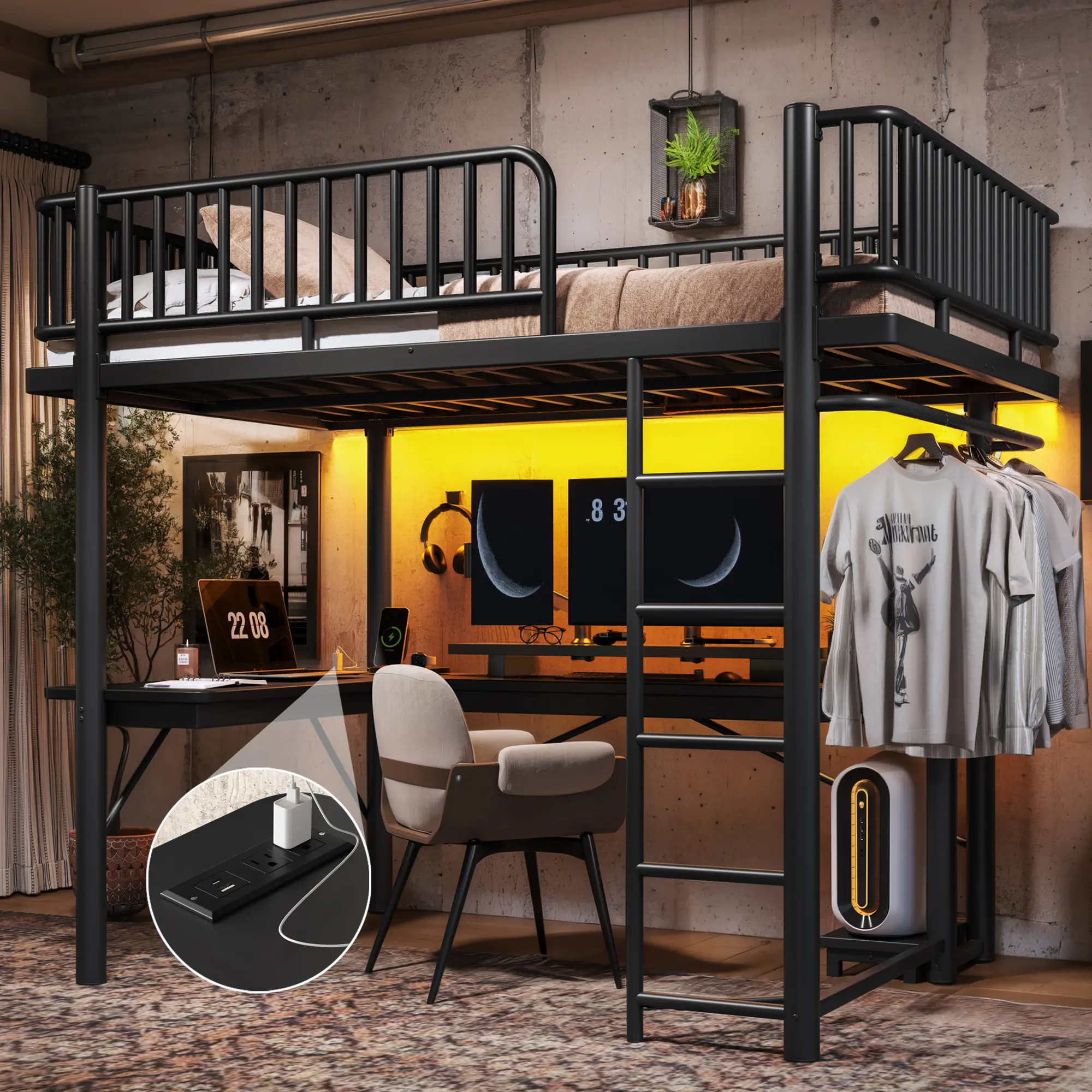 Eyisean Full/Queen Size Metal Loft Bed, Space Saving Gaming Loft Bed with Computer Tray & L-Shaped Desk, Modern Beds Frame with LED Light & Charge Station, Hanging Area, Round Pipe and Guardrail Design Beds for Adults, No Box Spring Needed