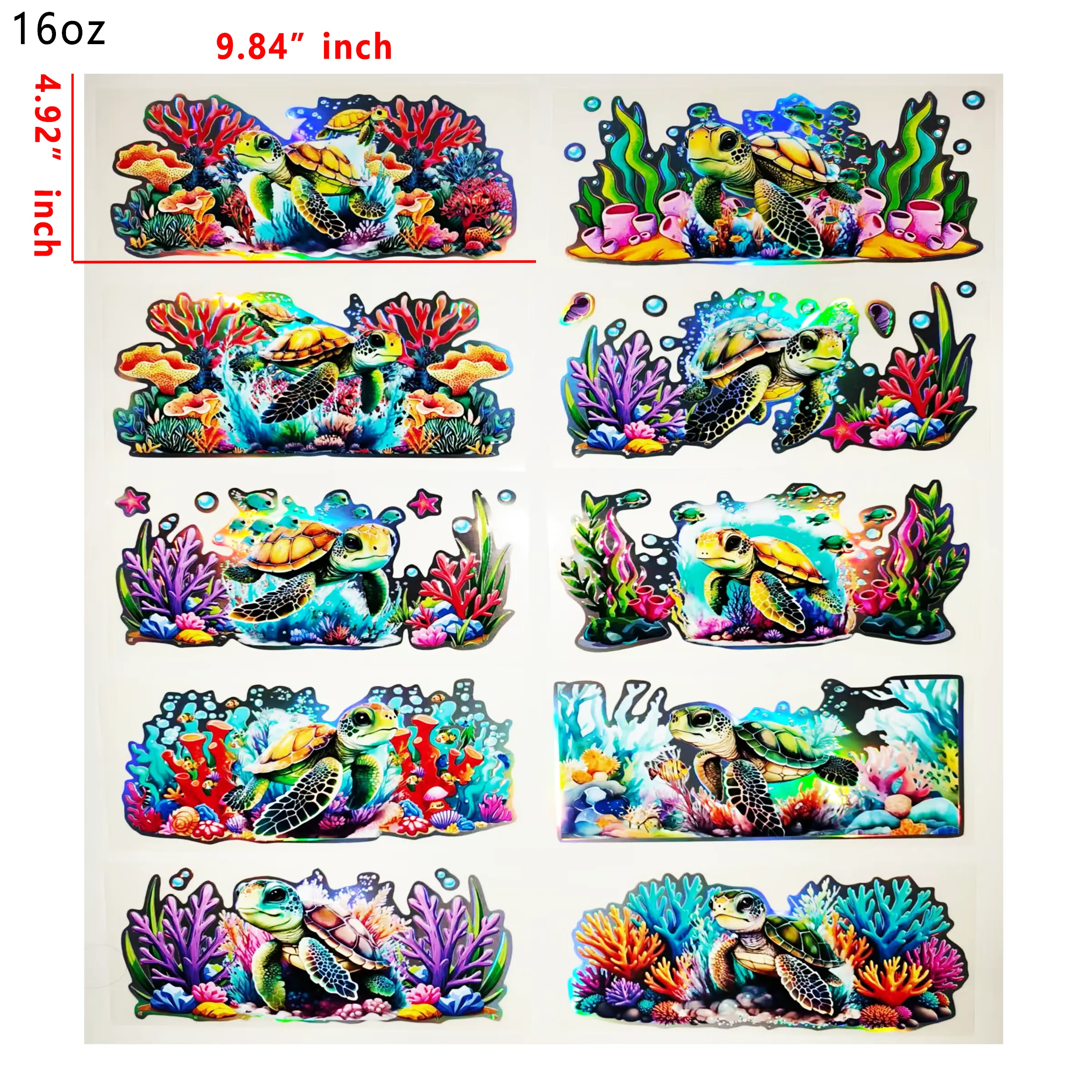 (F50) Holographic 10pcs sea turtle UV DTF Cup Wraps for 16OZ tumblers Waterproof Acrylic Wraps for Cups Glasses &Smooth Objects Vivid Colors Strong Adhesion CustomizableStickers Decal Sticker Art Crafts Kit