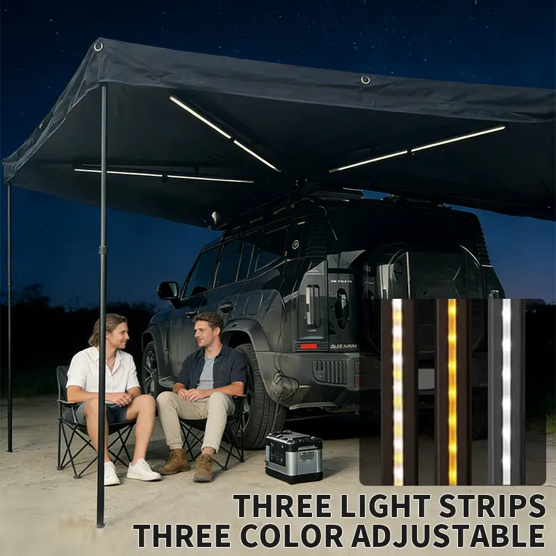 270 Car Awning Camping Canopy - Black-Coated Oxford, 99% UV Block, Waterproof, with LED Light, Driver/Passenger Side Optional, Compatible with Tent Walls for SUV Off-Road Vehicles (Large Shade Area)