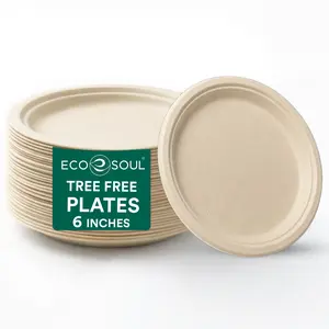 EcoSoul  Bagasse Disposable Paper Plates 100% Compostable Round Biodegradable Ecofriendly Appetizer Dessert Plate for Party & Catering | Leaf-proof & Microwave Safe