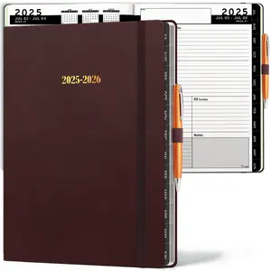 HARDCOVER June 2025 - July 2026 Daily Leather Planner Weekly Monthly - 8.5x11 - Ensight Academic Planner Business Personal or Student - Pen Holder, Bookmark, Notes Pages, Thick Paper, June 2025 - July 2026 (Dark Red)
