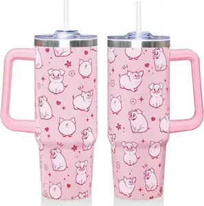 30 Oz Pink Pig Tumbler with Handle and Straw, Insulated Stainless Steel Coffee Travel Cup Mug Water Bottle, Cute Pig Gifts for Women Men Adults on Christmas Birthday