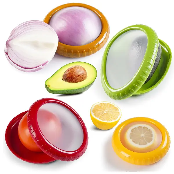 Set of 4 Reusable Fruit and Veggie Savers - Ideal for Avocados, Tomatoes, Apples, Garlic, Onions, and More