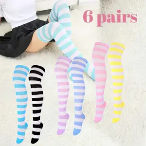 6Pairs Over Knee High Stripe Socks Cosplay Accessories Thigh High Socks Long Socks for Adult Woman Blue White Women's Slouch Black Matching Cotton Striped Womenswear Loose