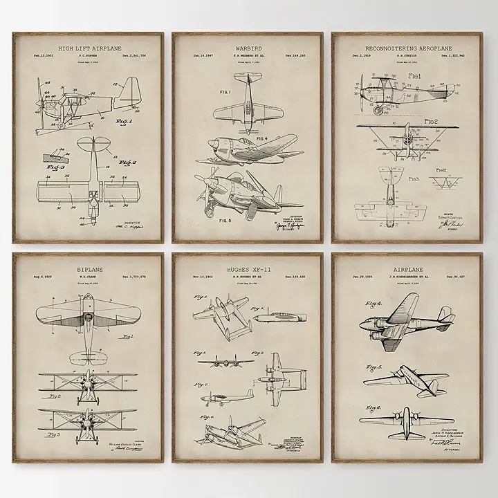 Airplane Patent Print Set of 6 Poster Unframed, Vintage Aviation Posters for Man Cave Office, Kids' Nursery, Aeroplane Wall Art, Antique Transportation, P1 Wall Art Gifts for Him/Her, Wall Art Print, Poster For Gift