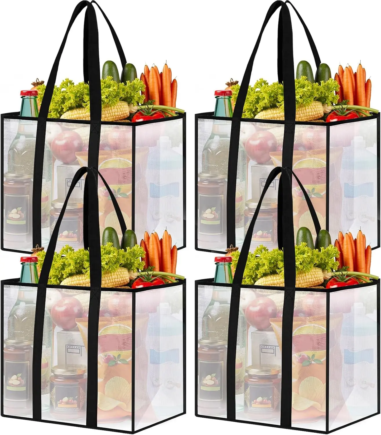 4-Pack Clear Reusable Grocery Bags, 33L Heavy-Duty Shopping Totes with Reinforced Handles, 50 lb Capacity, Foldable and Water-Resistant