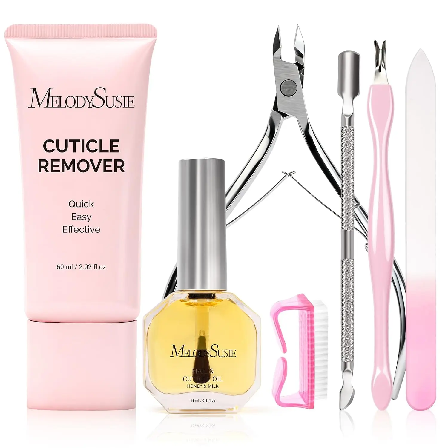 MelodySusie Cuticle Remover Kit,60g Cuticle Remover Cream 15ML Cuticle Oil | Cuticle Nipper Trimmer Pusher,Nail File and Brush for Cuticle Softener & Moisturize Manicure Kit for Nail Care