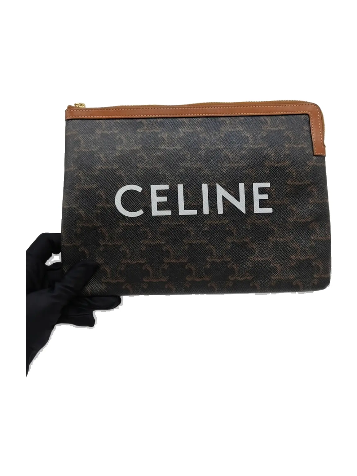 Pre-owned Celine Triomphe coated canvas with calfskin trim Clutches and wristlets Clutches & Wristlets Triomphe Large Coated Canvas Pouch with Calfskin Trim, Wristlet, Brown Canvas, Tan Leather Trim, White Logo, Very Good Condition, S010260512058