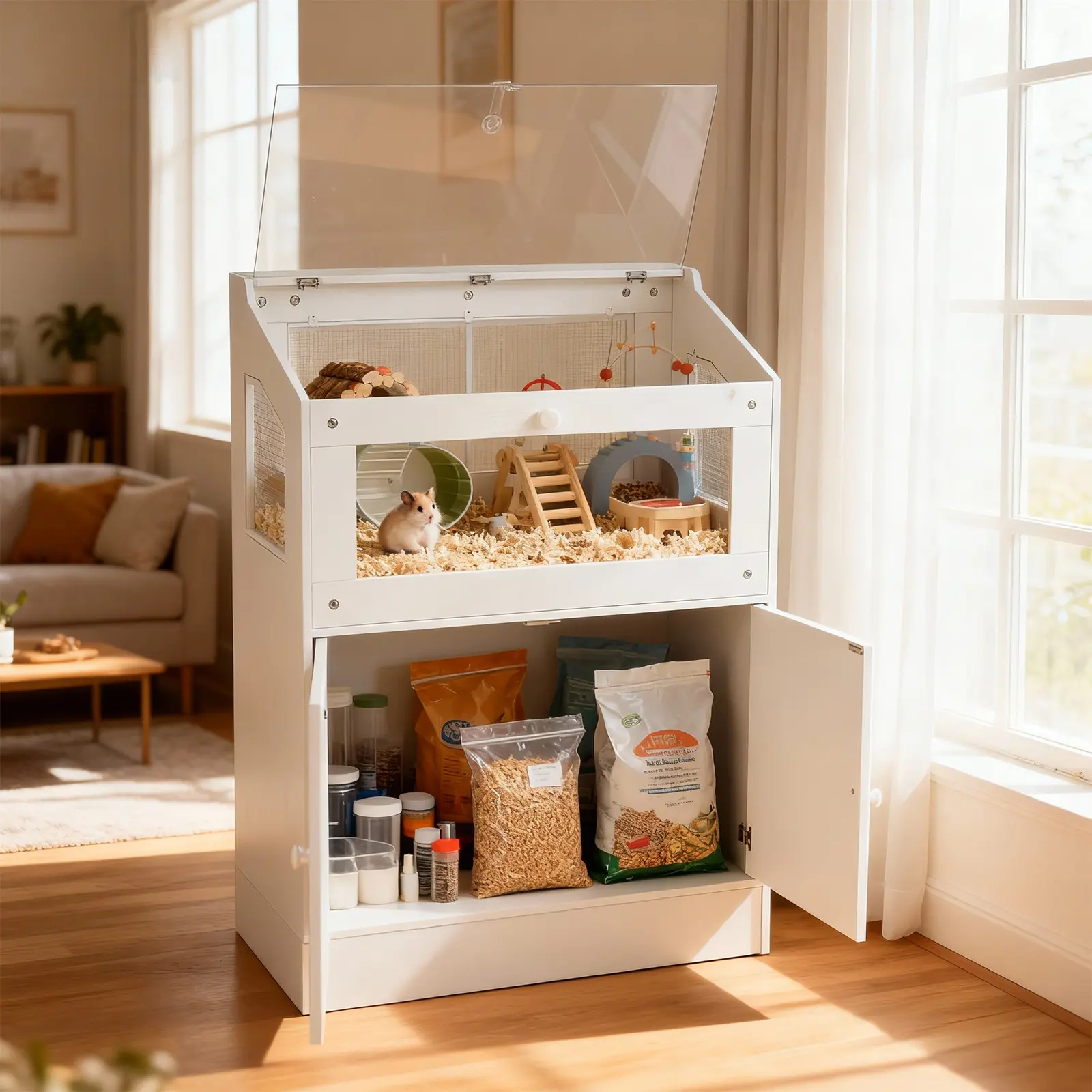 Hamster Cage,Small Animal Cages with Storage Cabinet, Chew Proof Small Animal Enclosure with Lockable Top Cover, Acrylic Window & Ventilated Mesh, for Guinea Pig Mice Gerbil Hedgehog