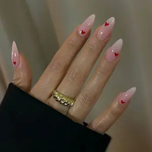 24pcs Clear Nude Gradient Base Color Nail Polish, Manicure, Hand Drawn Heart Design, Almond Shape Medium Length Smooth Glossy Finish, Shimmer Manicure, Finger Nail Polishes