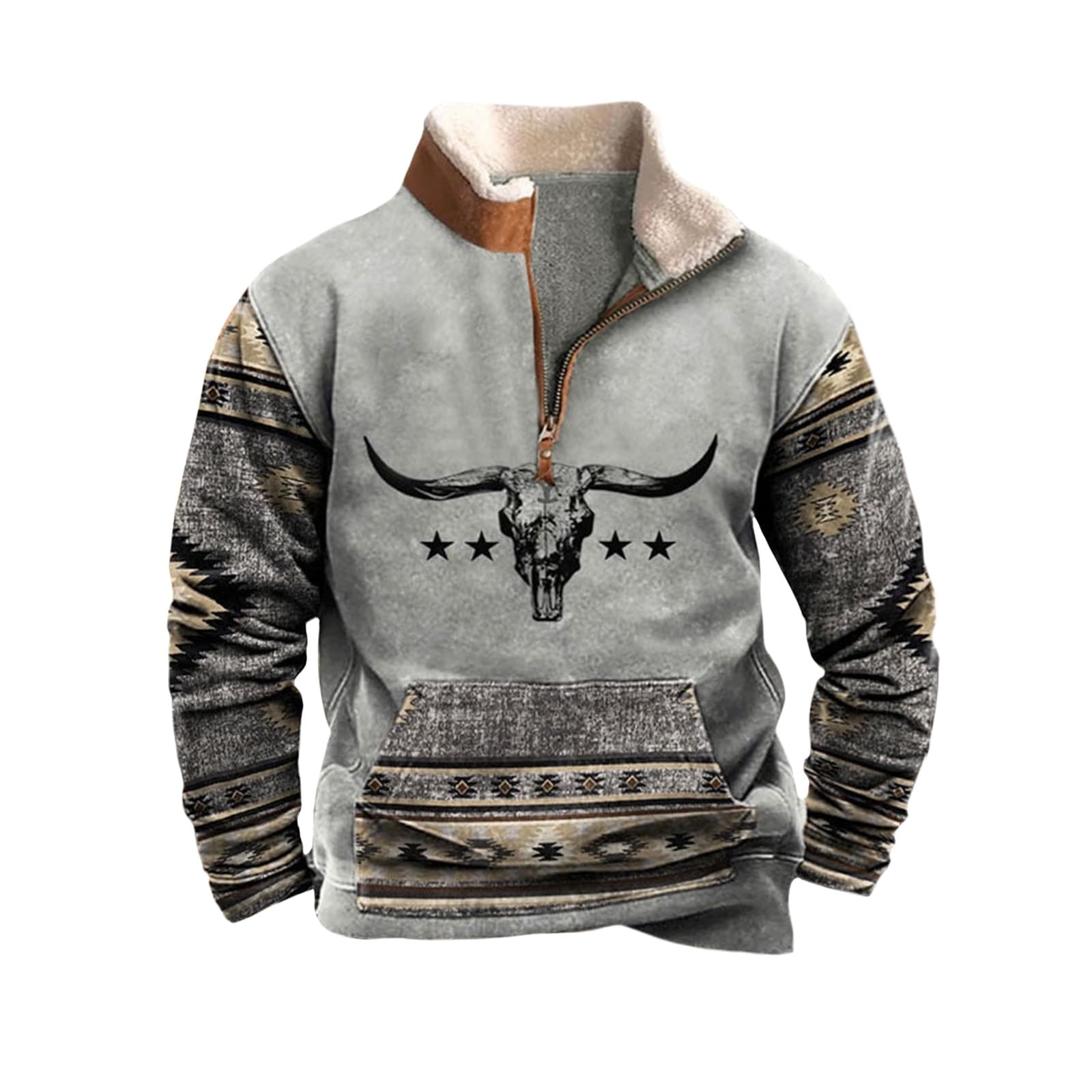 Men's Western Sweatshirt Cowboy Bull Head Aztec Hoodies Long Sleeve Button Stand Collar Ethnic Pullover Jackets
