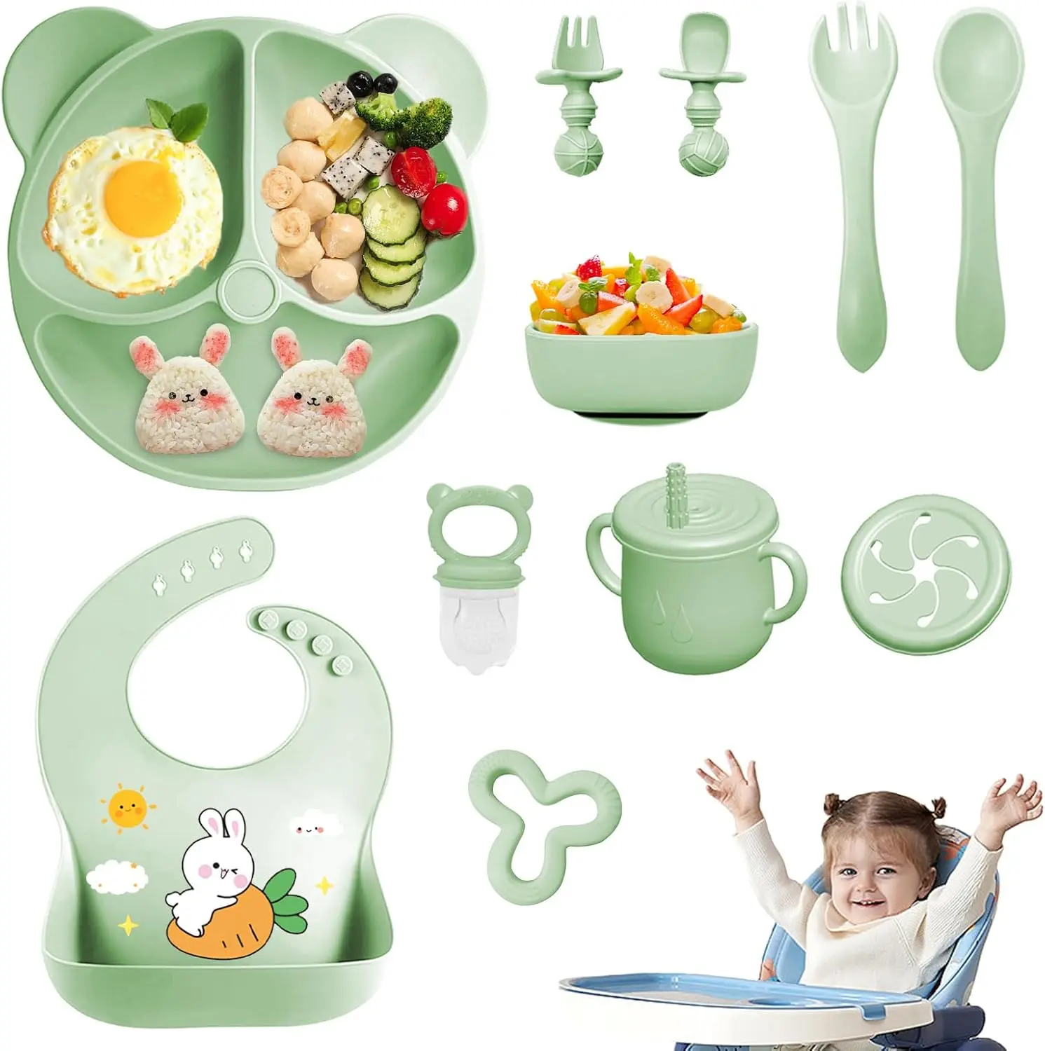 Sohochic 11-Pcs Unisex Pink Silicone Animal Print Baby Feeding Set - 6+ Months Baby Led Weaning Supplies, Adjustable Bib, Suction Bowl, Divided Plate, Cup, Secure Grip Spoons, Forks for First-Stage Solid Food