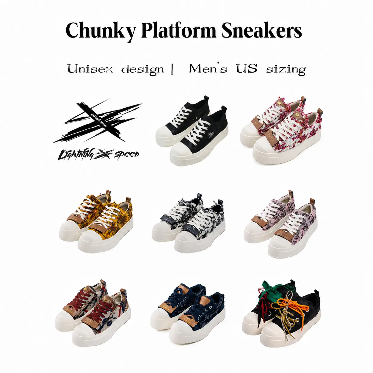 LightningSpeed Chunky Sneakers for Men & Women | Unisex Platform Low Top Streetwear Shoes | Leather & Tweed Colorways
