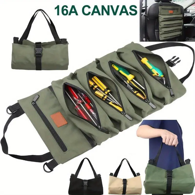 Tool Roll, Multi-Purpose Roll Up Tool Bag, Wrench Roll, Canvas Tool Organizer Bucket, Car First Aid Kit Wrap Roll Storage Case