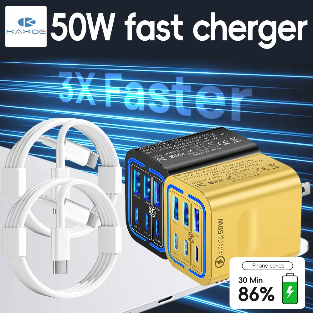 KAXOE 50W PD 3.0 USB C Charging Block Fast Wall Charger 3USB C + 3USB A Multi-Port Plug Fast Charging Adapter USB Type C QC 3.0 Qiuck Charge Adapter Travel Charger for iPhone 17 Pro Max for 16/ 15/ 13/ 13pro/ 12/ 12pro/, iPad Pro/ Mini/ Air, for Samsung
