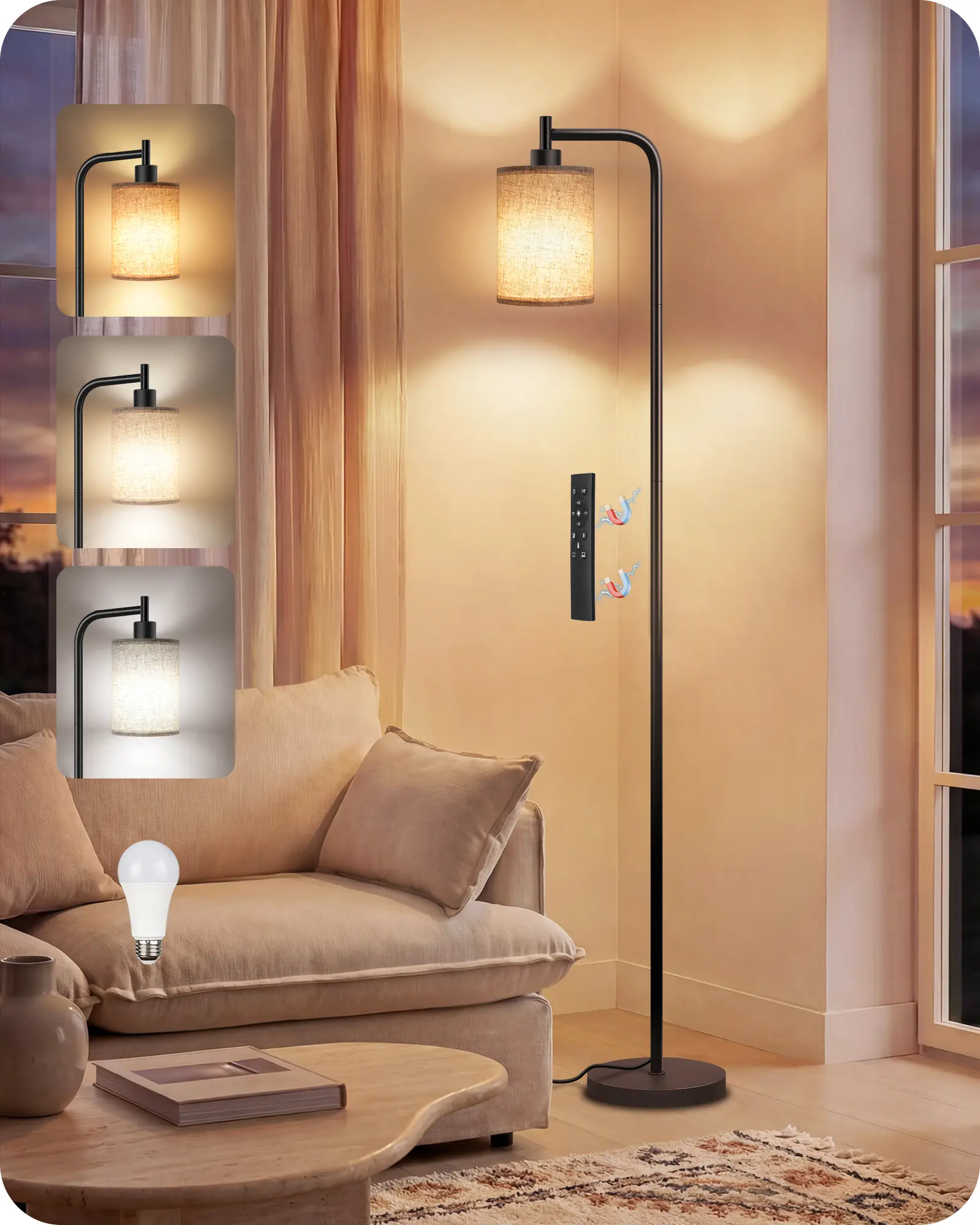 Dimmable Floor Lamp for Living Room with Remote and Foot Switch, Modern Standing, Corner Lamp,10W Bulb 3 Color Temperatures, for Bedroom, Office, Corner, ETL Listed, Black and Beige