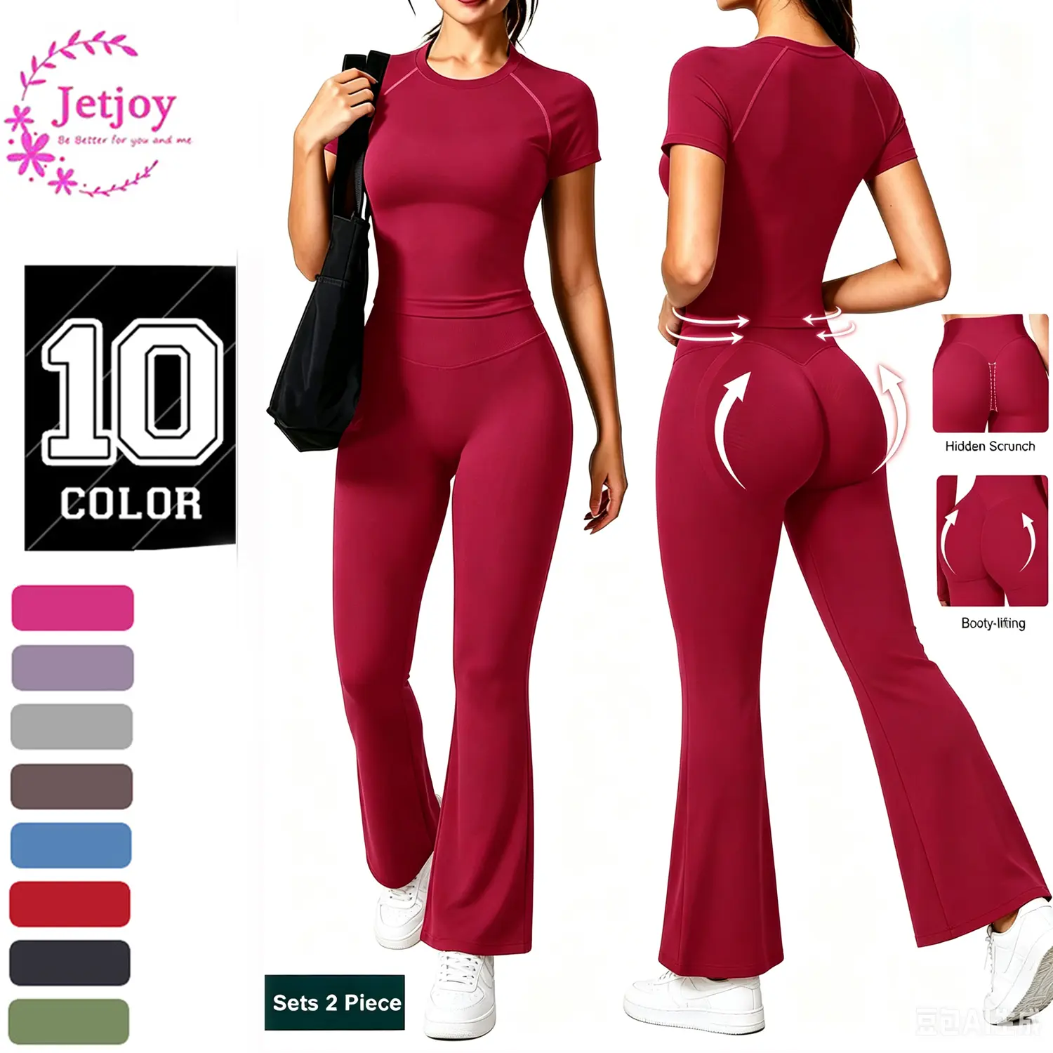 Jetjoy Women's 2-Piece Athletic Flare Leggings matching Sport women Set - Short Sleeve Cropped Top + 29in Mini Flare Leggings, Seamless Elastane Yoga Wear with Tummy Control,  women's casual 2 piece sets  , All Seasons Soft Stretch Activewear for Gym