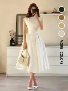 Women's Casual Chic Fashion Dress Spring Summer New Pure Color Solid Elegant Vintage Long Puffy Dress, French Waist Cinched Dress Womenswear for Wedding Date Outing