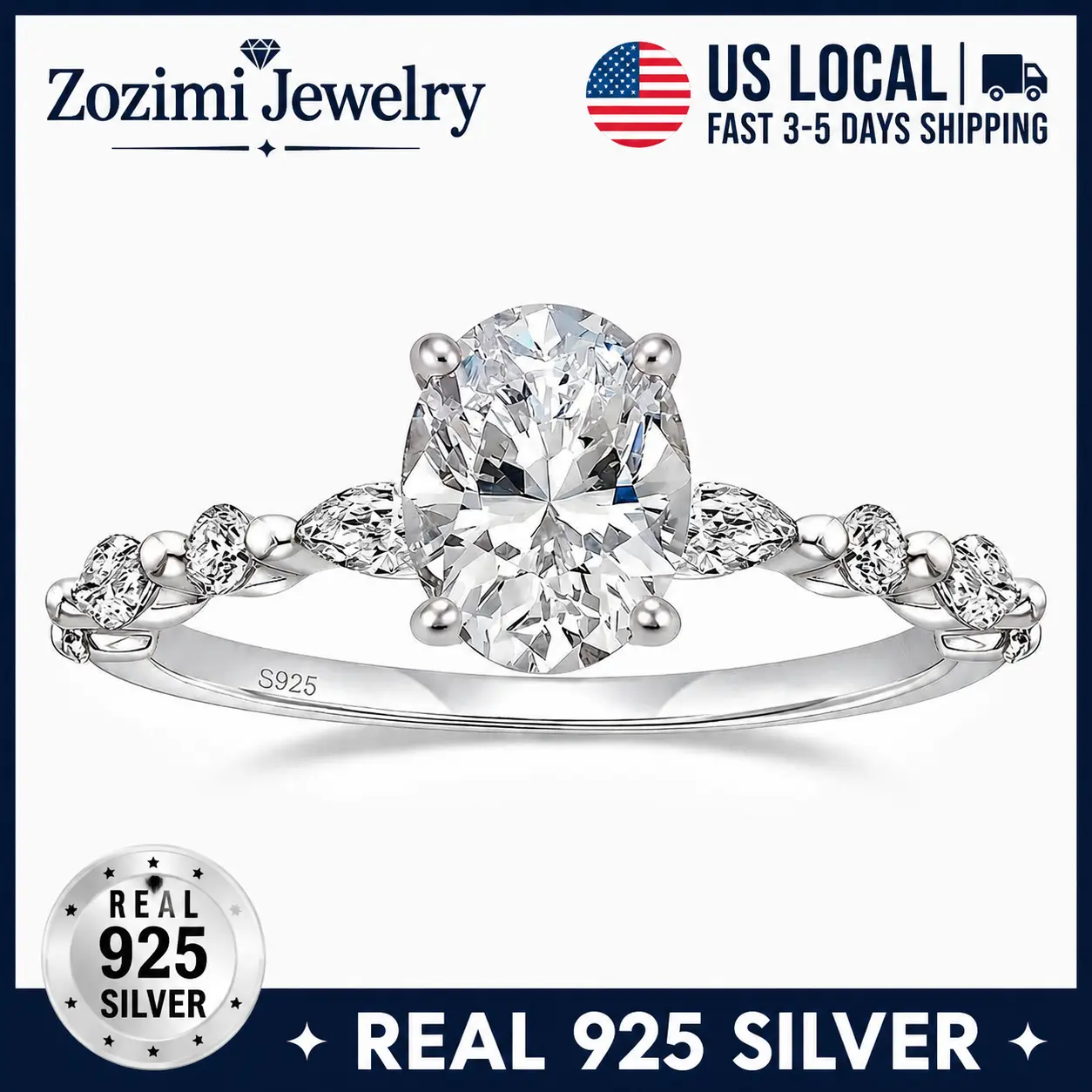Zozimi 925 Sterling Silver Oval Cubic Zirconia Ring with Leaf-Shaped CZ Side Stones, Elegant Solitaire Engagement Ring for Women, Luxury Promise Jewelry, Anniversary Birthday Gift, Daily Wear Fashion Accessory