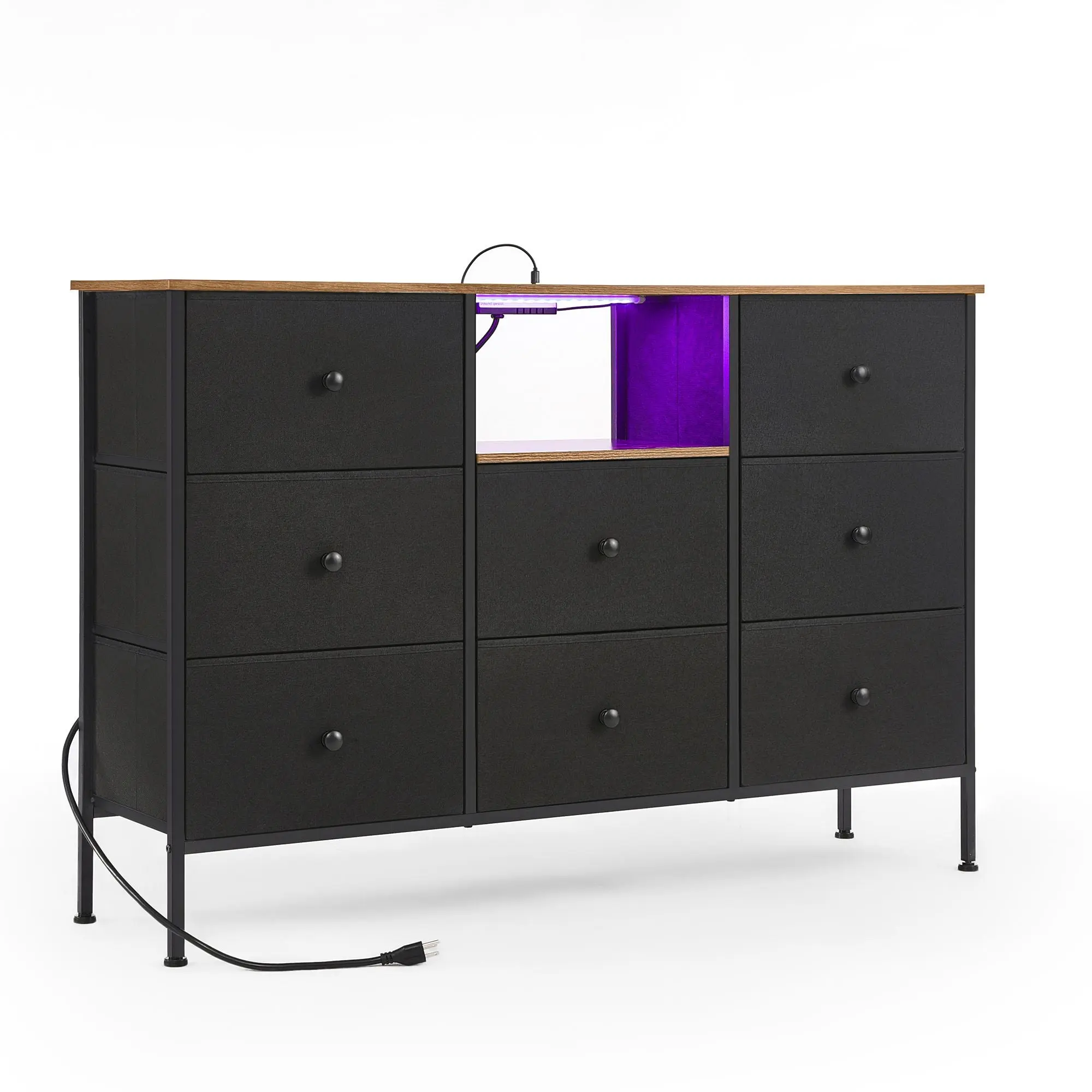 SONGMICS 8-Drawer Fabric Storage Cabinet - Modern Home Supplies Bedroom Drawer Cabinet with Oxford Fabric, Power Outlets, LED Lighting, Adjustable TV Stand for Up to 60-Inch TVs, Durable, Assembly Required