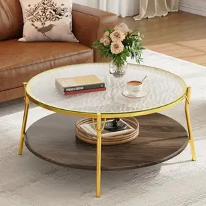 29.9"Modern Round Coffee Table, 2-Tier Glass Top Tea Table with Wood Shelf & Sturdy Gold Metal Legs, Mid-Century Small Coffee Tables for Living Room Furniture, Walnut