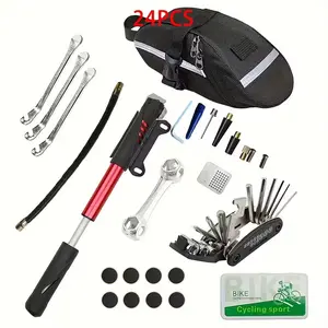 Mountain Bike Tire Repair Kit with Pry Lever File Repair Pad Air Pump & Multi-function Wrench for Bicycles Road Bikes