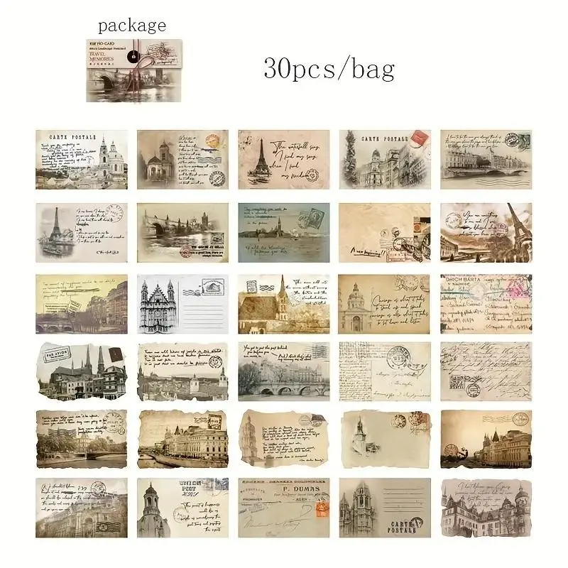 30 Vintage Postcards, Retro Architecture Scenery, Old Newspaper Scrapbook Accessories, Handmade Gift Cards, Decorative Stationery, Card Sets, Assorted Cards