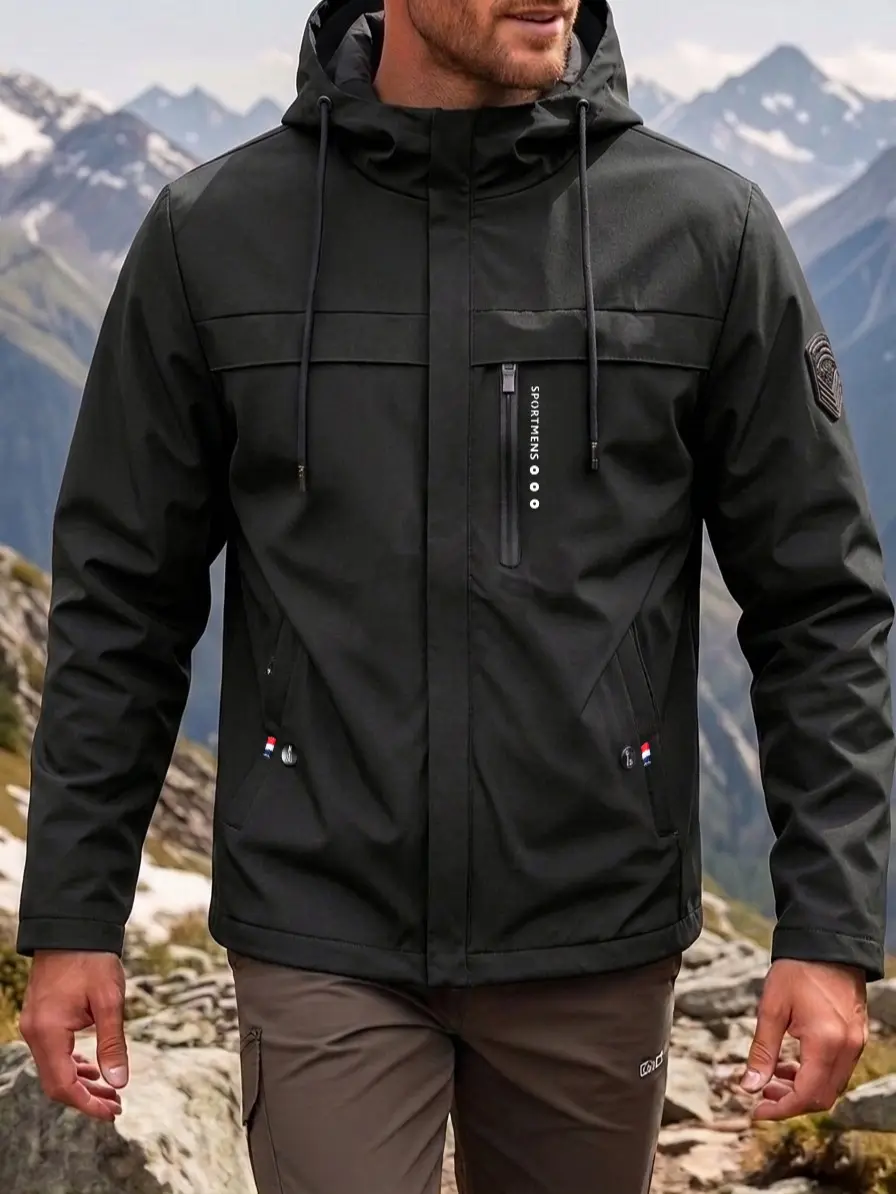 Men's Hooded Neck Windproof Twill Trench Coat, Lightweight Water-Resistant Long-Sleeve Outdoor Hiking Jacket with Zip Pockets, 3XL