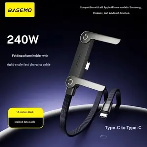 Basemo 240W Super Fast Charging Cable with Stand for iPhone Samsung Type C Devices Black 2 in 1 Cord & Phone Holder for Gaming Office Car Travel