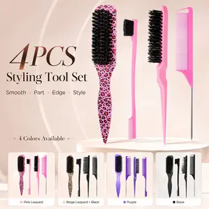 4PCS Professional Hair Styling Tools Set, Detangling Bristle Brush, Detangler Brush, Detangling Hairbrush, Rat Tail Parting Comb & Edge Brush Kit for Slick Back, Braiding, Sectioning, Flyaway Smoothing, Edge Control, Salon & Daily Use