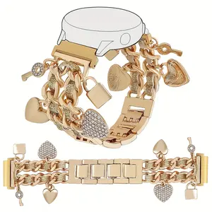 Premium Metal Cuban Chain Watch Strap with Cute Charm, Fits Samsung Galaxy Watch & Garmin Series, Adjustable Fashion Band, 20mm Width, Smartwatch Accessories, Smart Watch Accessories, Smart Watch Straps