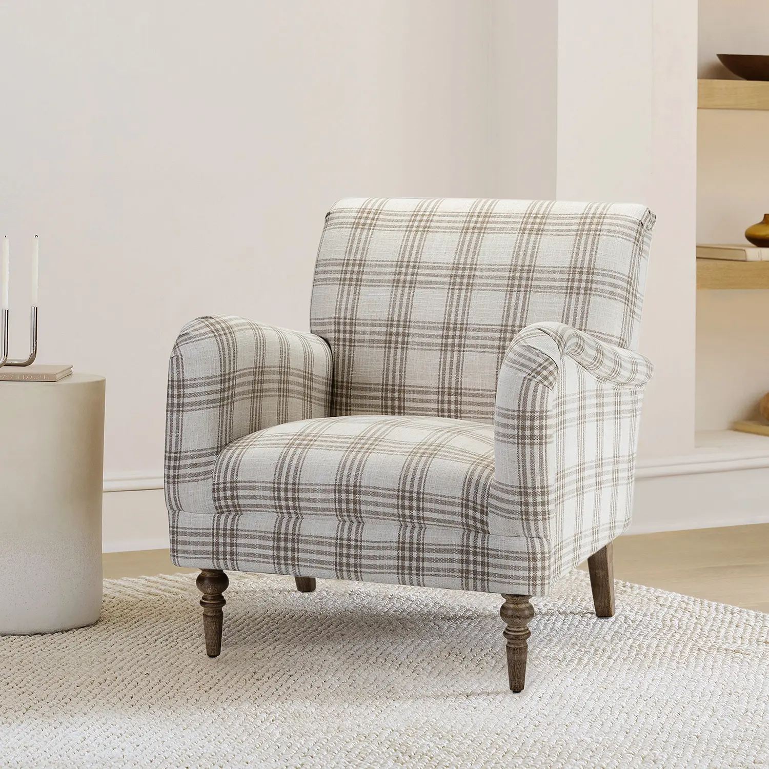 【Summer Sale】HULALA HOME Sadie Plaid Armchair Modern Accent Upholstered Chair with Solid Wood Legs for Living Room Bedroom Studio Comfy Armchair with High-Density Foam Filling and Tartan Pattern - Lounge