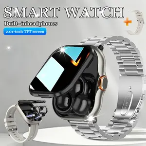 Wireless Earphones & Watch 2-in-1 Stylish Digital Smartwatch for Men Women Sports Functions Pedometer Weather Display Sleep Monitoring Message Notification Compatible with Android iOS Fitness Tracker Wearable Smartphone Black Silicone Strap