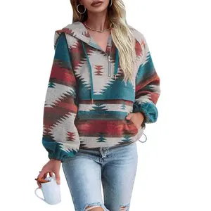 2025 New Arrival Women’s Oversized Zip-Up Hoodie, Long Sleeve, Aztec Print, Loose Fit Sweatshirt/Pullover Top