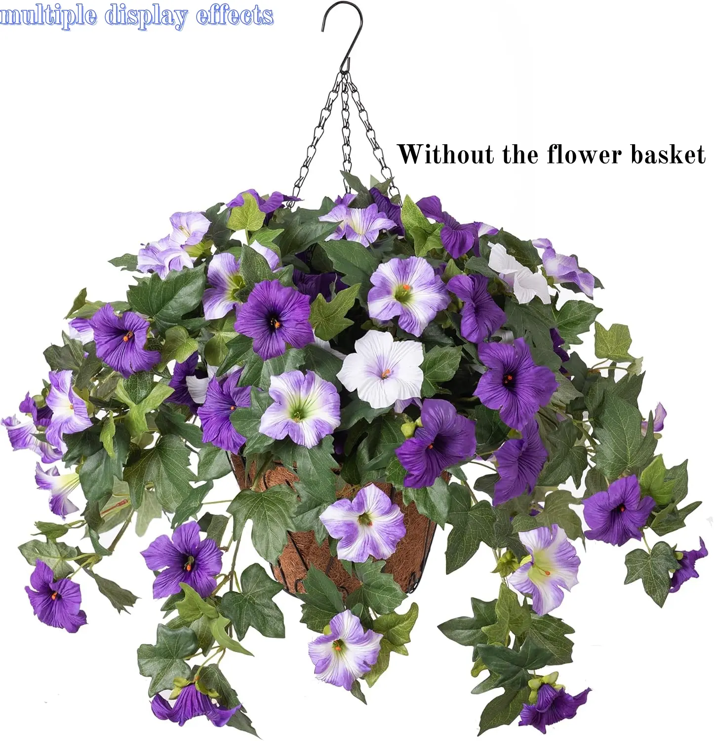 1pc Hanging Basket Artificial Flowers UV Resistant Fake Plants Outdoor Decor Real Touch Silk Morning Glory with Basket for Porch Patio Garden Fence Spring Summer Home Window Box Decoration (no vase)